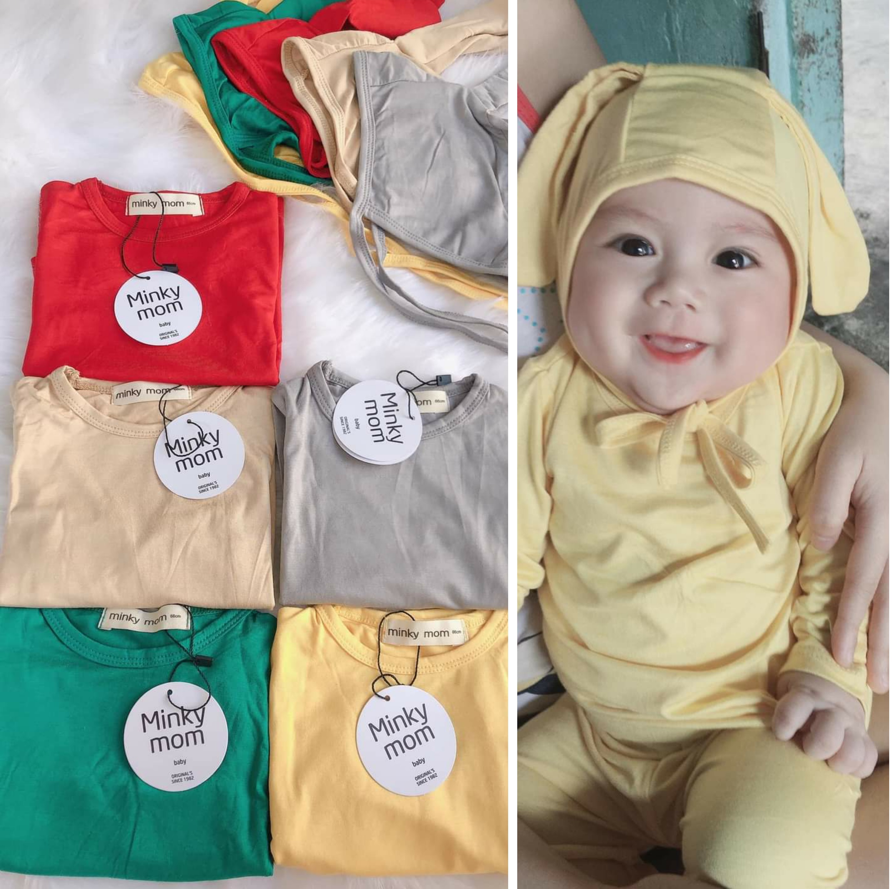Bộ Minky Mom dài tay kèm nón tai thỏ/ Bộ đồ dài tay cho bé từ 4-16Kg