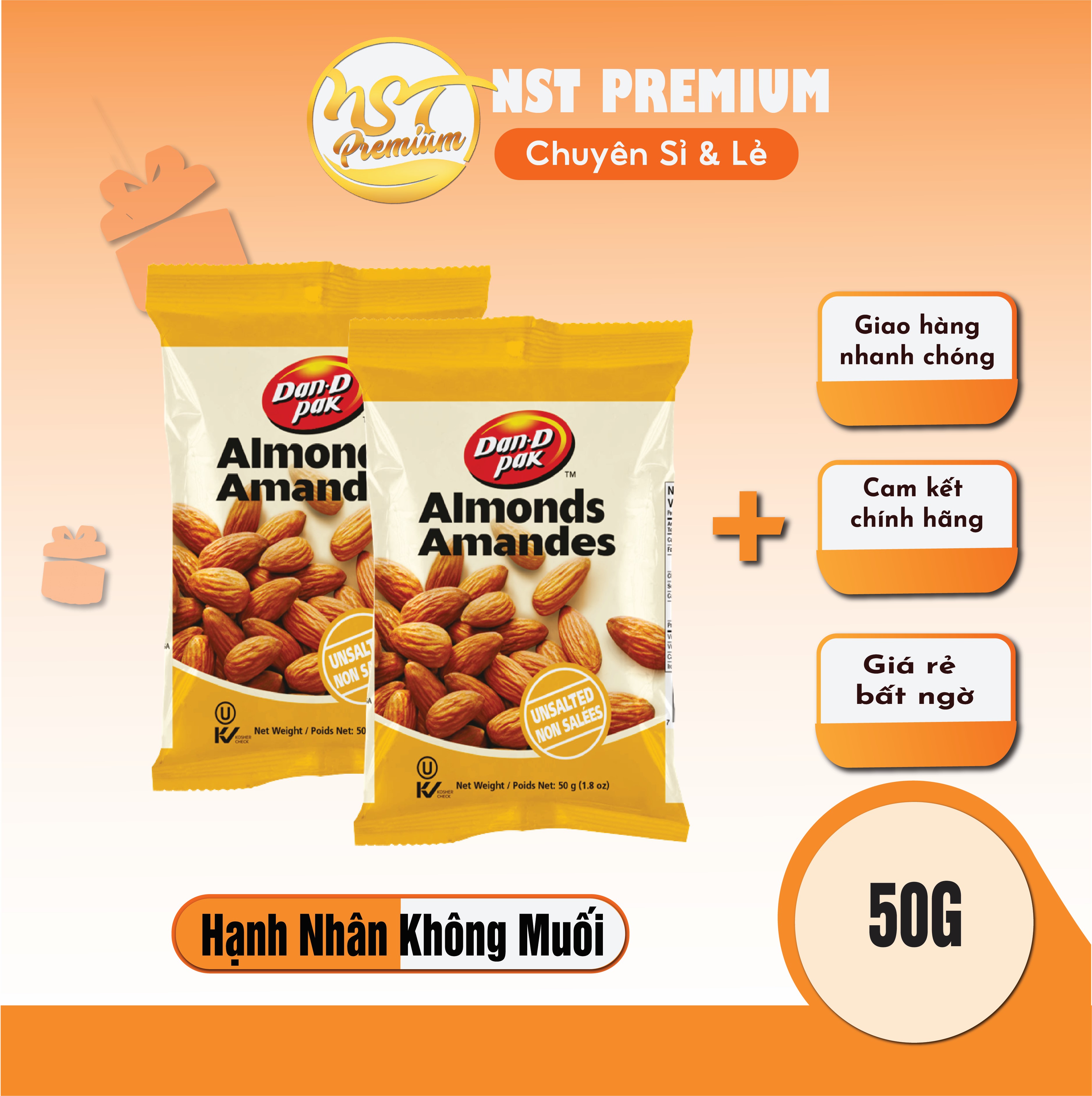 [HCM] Hạnh Nhân Không Muối 50gr USA Dan D Pak