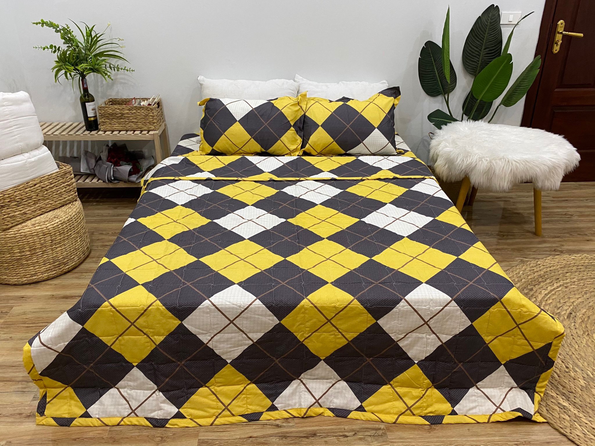 Bộ Chăn Ga Gối Cotton Poly - Kẻ Vàng ( 3 Món , 4 Món , 5 Món ) Tiệm Nhà Cá