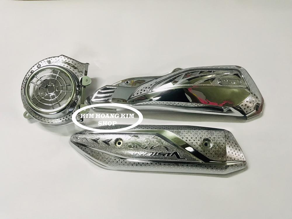 Combo Bộ 3 món Ốp Pô,Pô E,che quạt Xi Inox dành cho xe Vision 20132019