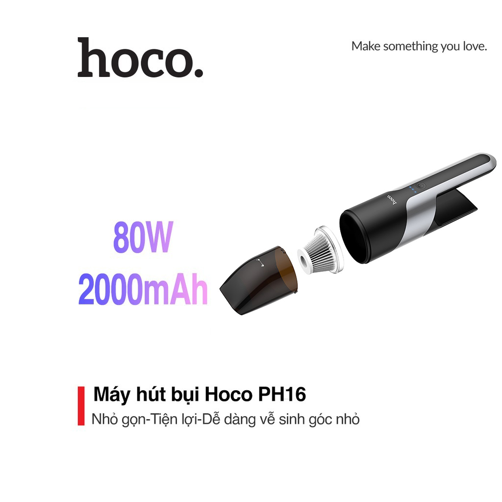 Máy hút bụi mini cầm tay Hoco PH16 chất liệu nhựa ABS cao cấp công suất 80W dễ dàng di chuyển vệ sinh mọi ngóc ngách