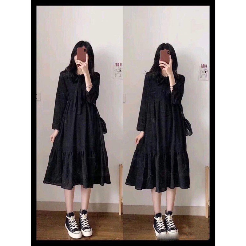 Đầm váy babydoll dáng suông thắt nơ dễ thương