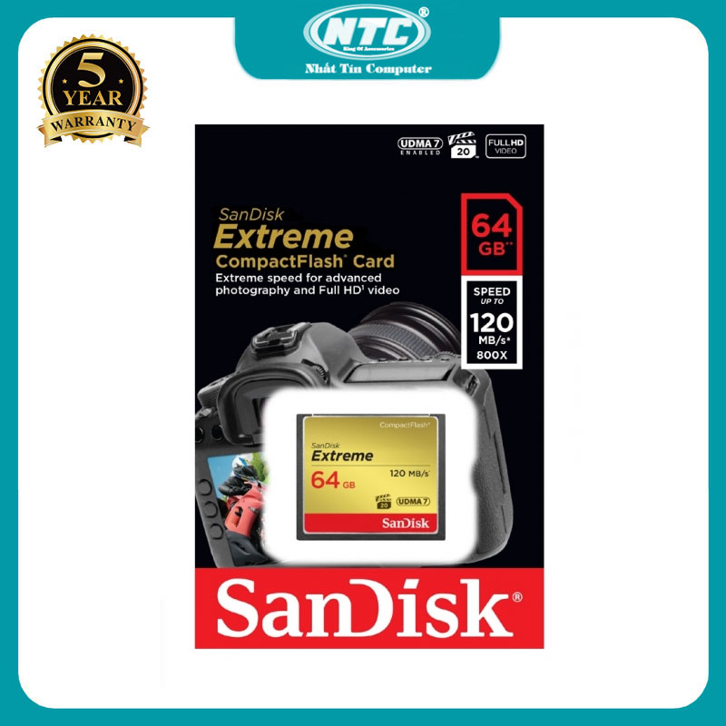 Thẻ nhớ CompactFlash (CF) SanDisk Extreme 64GB 800X đọc 120MB/s ghi 85MB/s (Vàng) Nhất Tín Computer