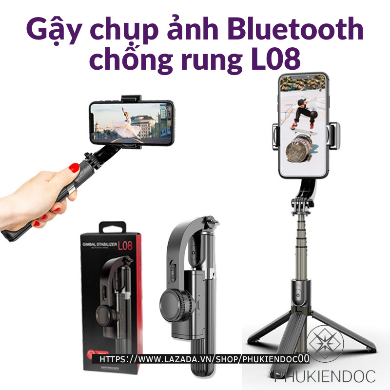 Gậy Chụp Ảnh Cao Cấp Selfie Chống Rung Điện Tử Gimbal L08 Có Bluetooth - Có Chân Đỡ Tự Đứng - Kéo Dài Tới 86cm