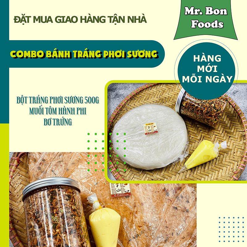 Combo Bánh Tráng Phơi Sương 500g - 250g Muối Tôm Hành Phi (Tặng Kèm Túi Bơ Trứng)