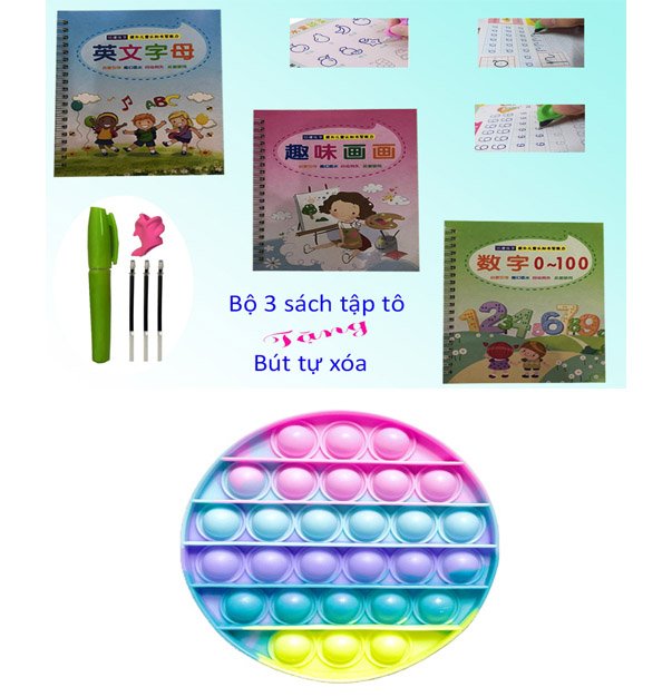 Set 3 vở tập tô tự bay màu mực tặng kèm pop it