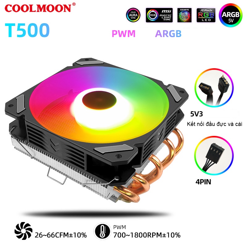 Tản nhiệt chip CPU CoolMoon T500 – Topdown, 5 ống đồng ( Intel – AMD )