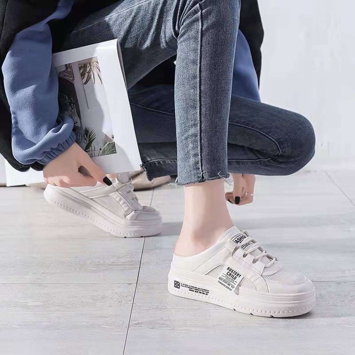 Giày Lưới Sục Nữ Giày Slip On Dế Bánh Mì 5 Phân