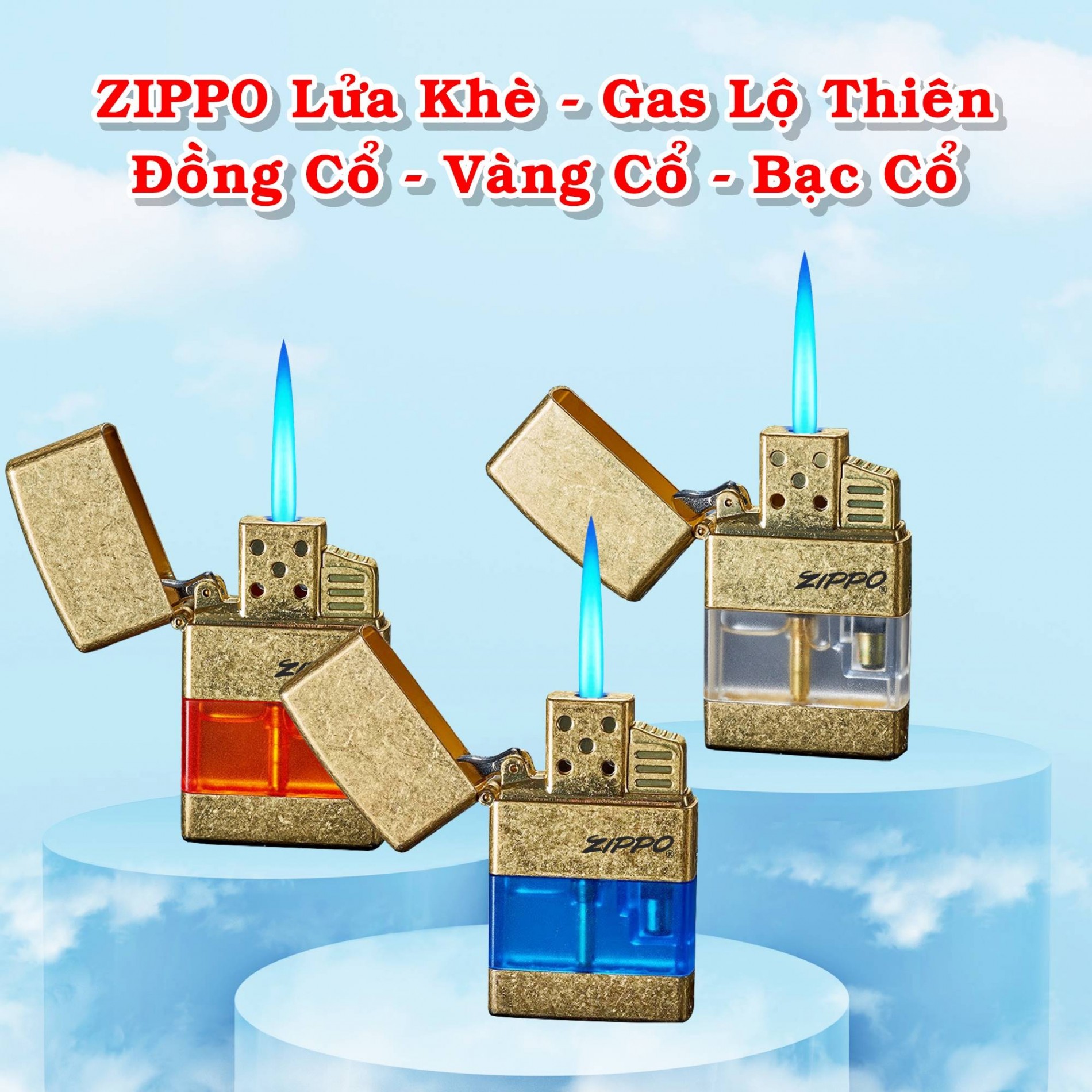Bật lửa ziipo lửa khè - gas lộ thiên (đồng cổ, vàng cổ, bạc cổ) (có hộp) - (xài gas)