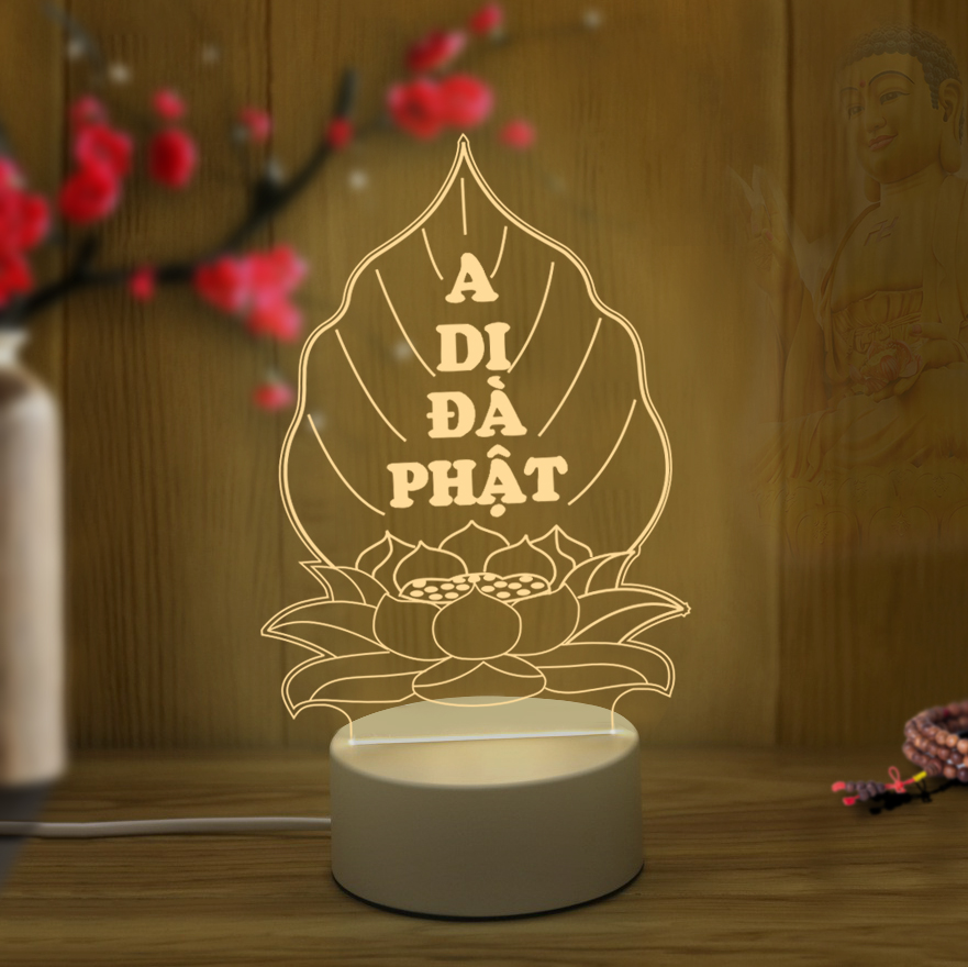 Đèn led 3D khắc chữ A Di Đà Phật hình lá bồ đề