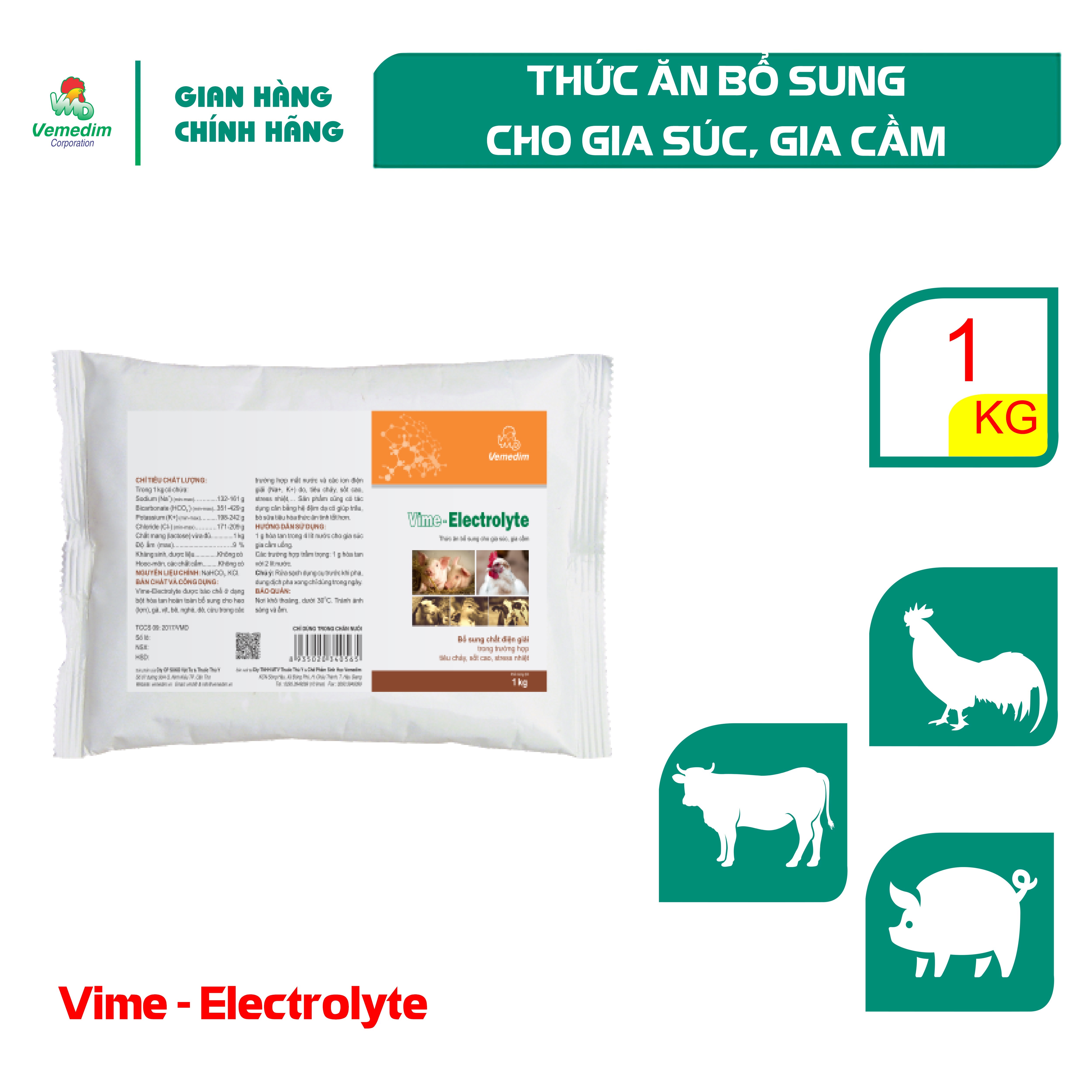 "Hoàn tiền đến 10%" Vemedim Vime-Electrolyte Bổ sung chất điện giải do tiêu chảy, sốt cao ở gia súc, gia cầm, gói 1kg