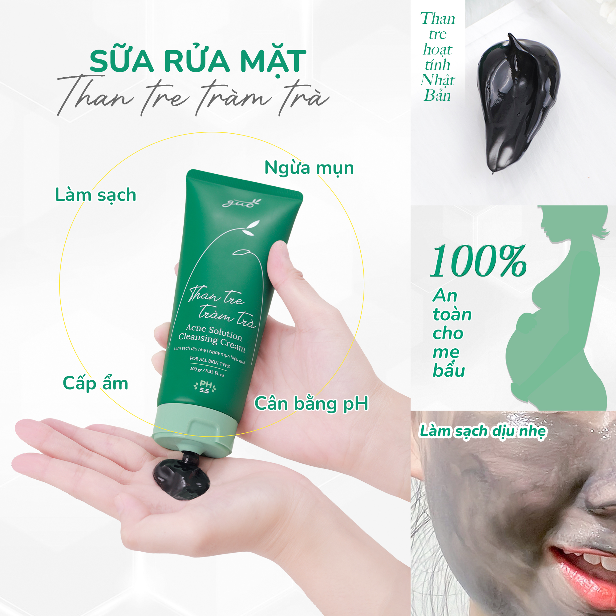 [Kiềm dầu 8 tiếng, ngừa mụn, không khô da] Sữa Rửa Mặt Than Tre Tràm Trà GUO 100gr