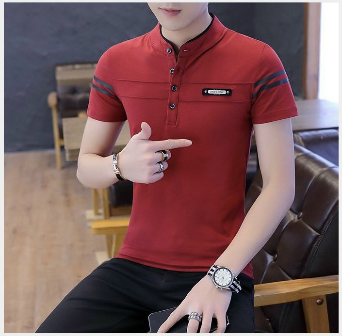 Áo thun Polo Cotton form rộng logo mini in chữ kẻ sọc ngang
