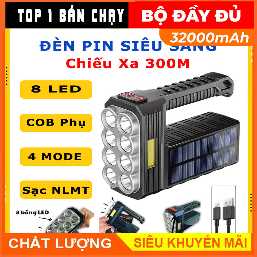 Đèn pin đèn pin mạnh chiếu xa 1000m sạc usb năng lượng mặt trời đèn pin 8 led siêu sáng đèn tìm kiếm di động đèn tầm xa, hai phương thức sạc