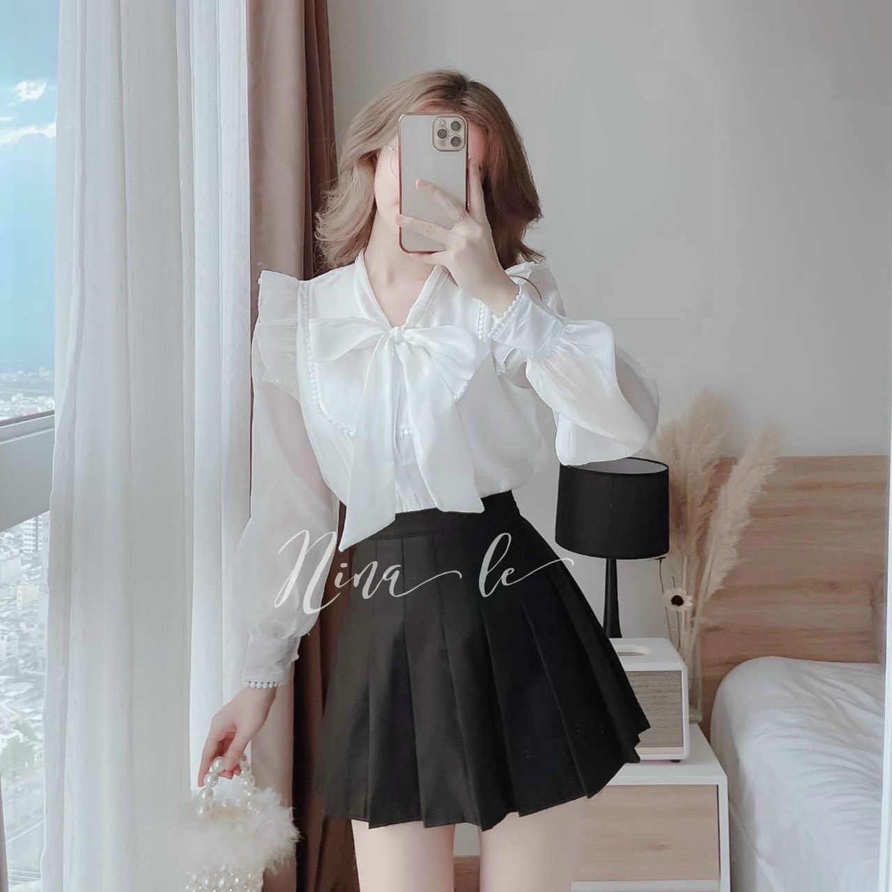 Sét váy áo tiểu thư hàn quốc, áo sơ mi, chân váy xếp ly, sét bộ tiểu thư aó sơ mi có nơ kèm chân váy thời trang nữ