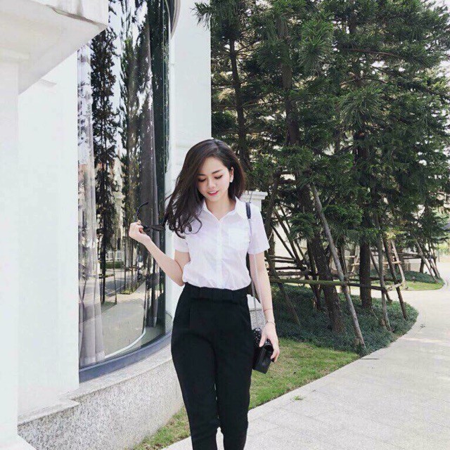 Áo sơ mi TRẮNG CỘC TAY dáng công sở chất THÔ LỤA