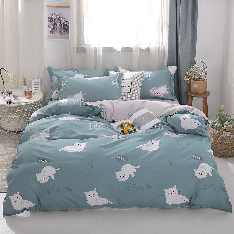 Bộ chăn ga gối cotton 3D hoạt hình 4 món mẫu mèo xanh ngọc EMMIBEDDING STORE