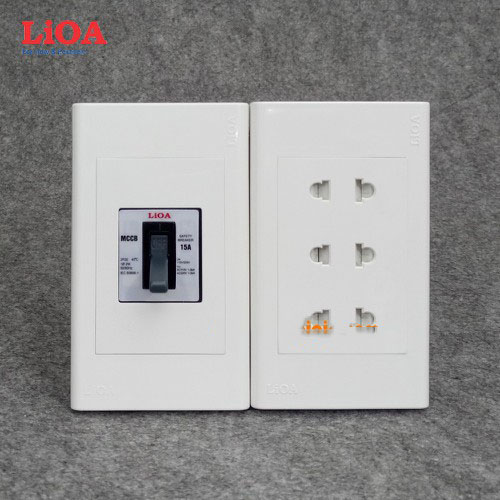 [Lắp âm tường] Combo ổ cắm điện ba 2 chấu 16A LiOA (3520W) có cầu dao chống quá tải 15A - Âm tường