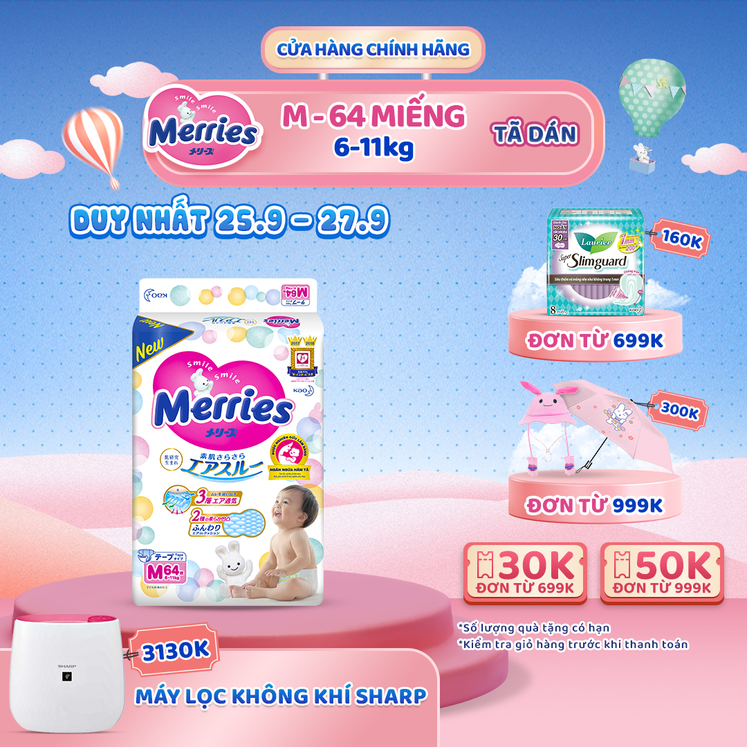 Tã/bỉm dán Merries size M – 64 miếng (Cho bé 6 – 11kg)