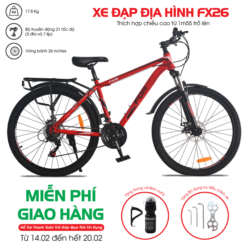 Mua [Trả góp 0%] Xe đạp địa hình Fornix FX26 - Vòng bánh 26 inch- Bảo hành 12 tháng (Tặng kèm Gọng và bình nước + bộ dụng cụ lắp ráp)