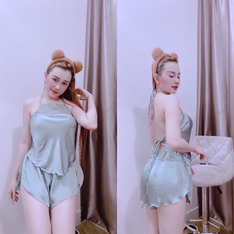 Đồ ngủ yếm phi lụa cổ ren quần xẻ sexy DN0031