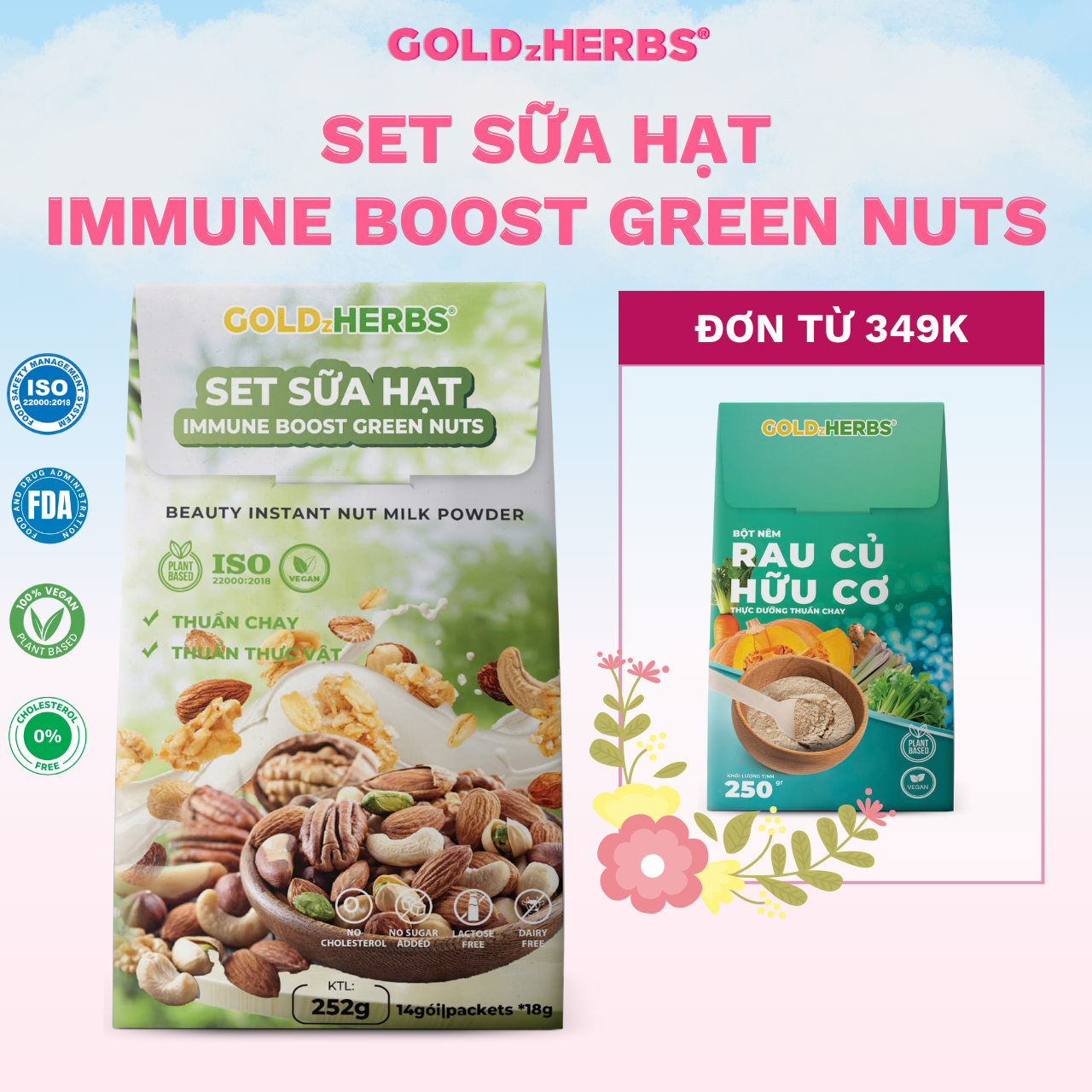 Set Sữa Hạt Goldzherbs Immune Boost Green Nuts – 14 gói x18g/ 500g