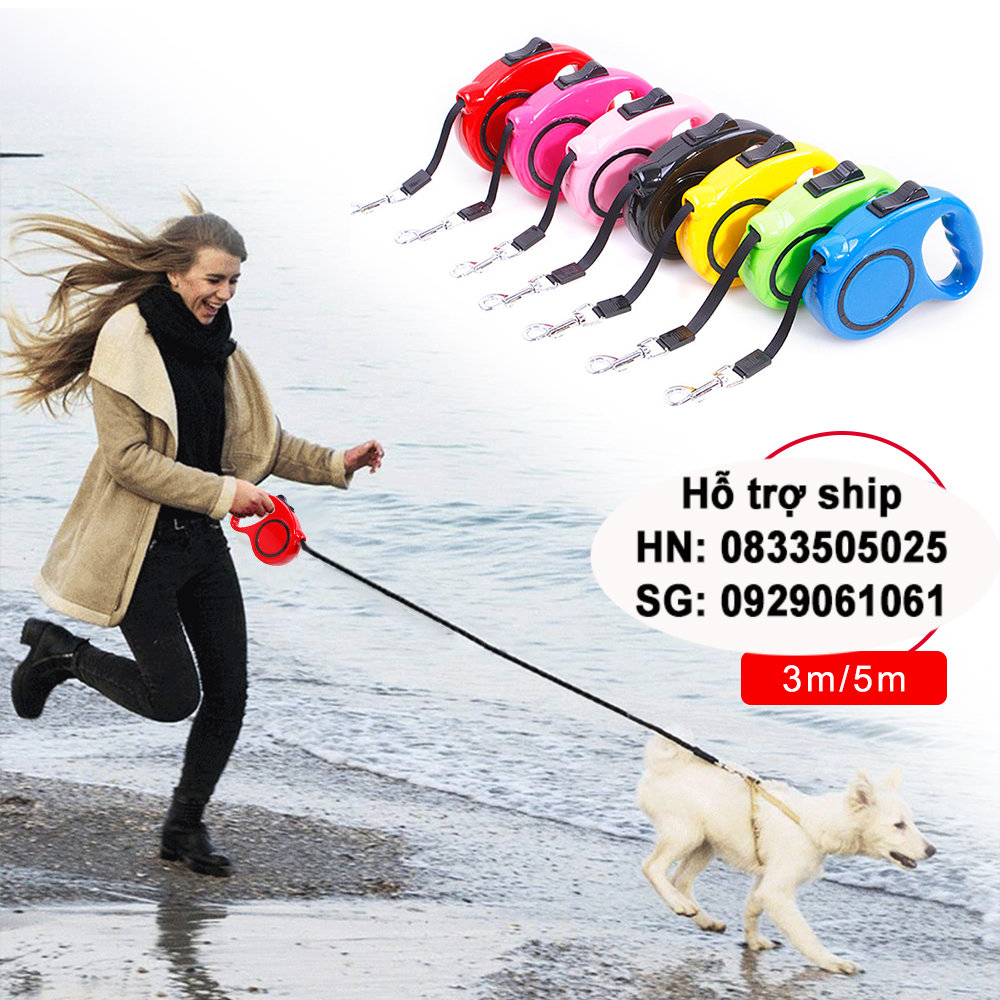 Hanpet - Dây dắt chó mèo tự động - Hàng công ty - – Dây dắt mèo- Dây dắt tự động co rút (3m và 5m) màu ngẫu nhiên dùng cho chó mèo dưới 20kg