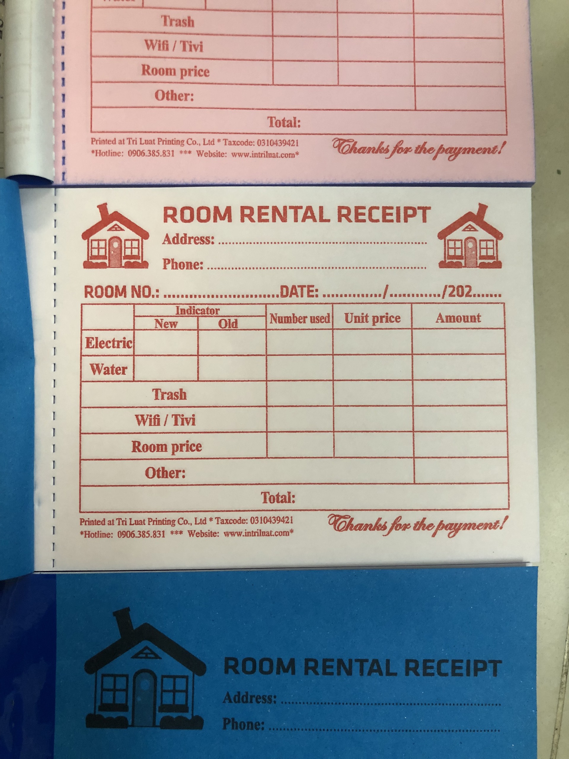 Hóa Đơn Phòng Trọ 2 liên khổ A6 Tiếng Anh