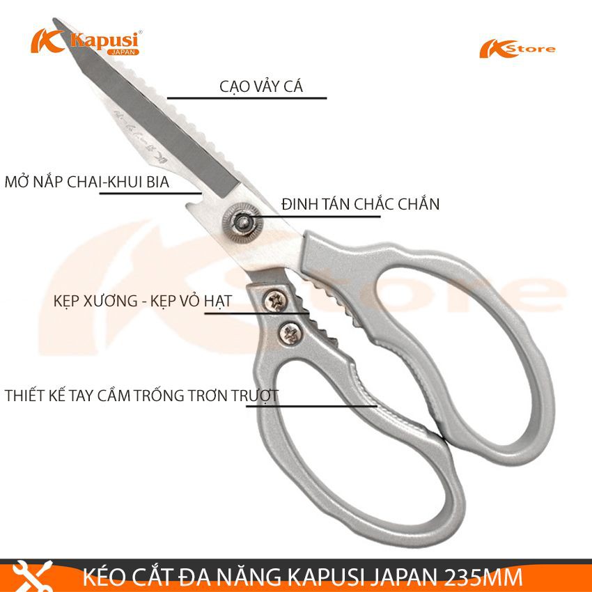 Kéo cắt đa năng năng kapusi japan 235mm tiêu chuẩn nhật bản, kéo cắt thực phẩm, kéo kẹp càng cua - khui bia mở nắp chai