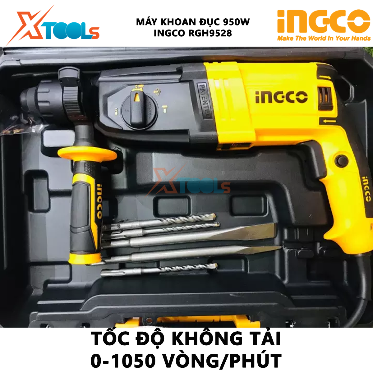 Máy khoan búa 3 chức năng 950w Ingco RGH9528 đầu gài sds plus lực búa 2,5j, kèm 3 mũi khoan và 2 mũi đục Máy khoan đục bê tông XTOOLs