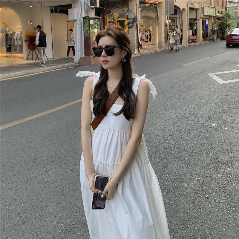 Đầm Babydoll 2 Dây Vai Thắt Nơ Dáng Dài