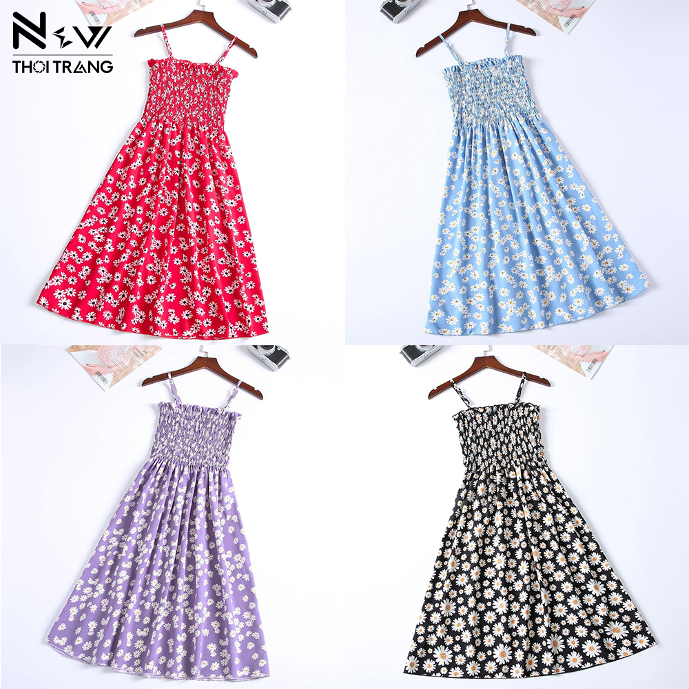 Đầm Hoa Cúc Xếp Ly Hai Dây  - New Thời Trang