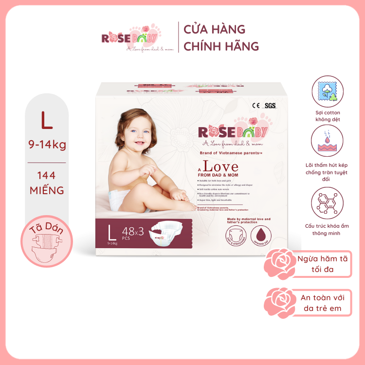 Thùng Tã Dán ROSE BABY Size L (144 miếng)