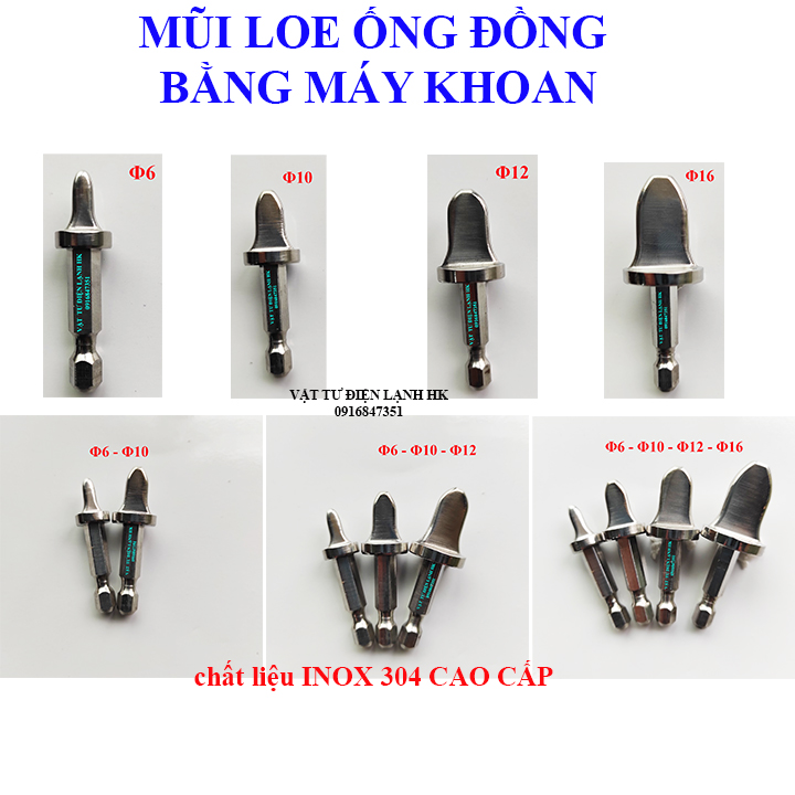 Mũi loe ống đồng bằng khoan [ INOX 304 ] phi 6 - 10 - 12 - 16 loe lã ống bằng máy bắt vít cầm tay