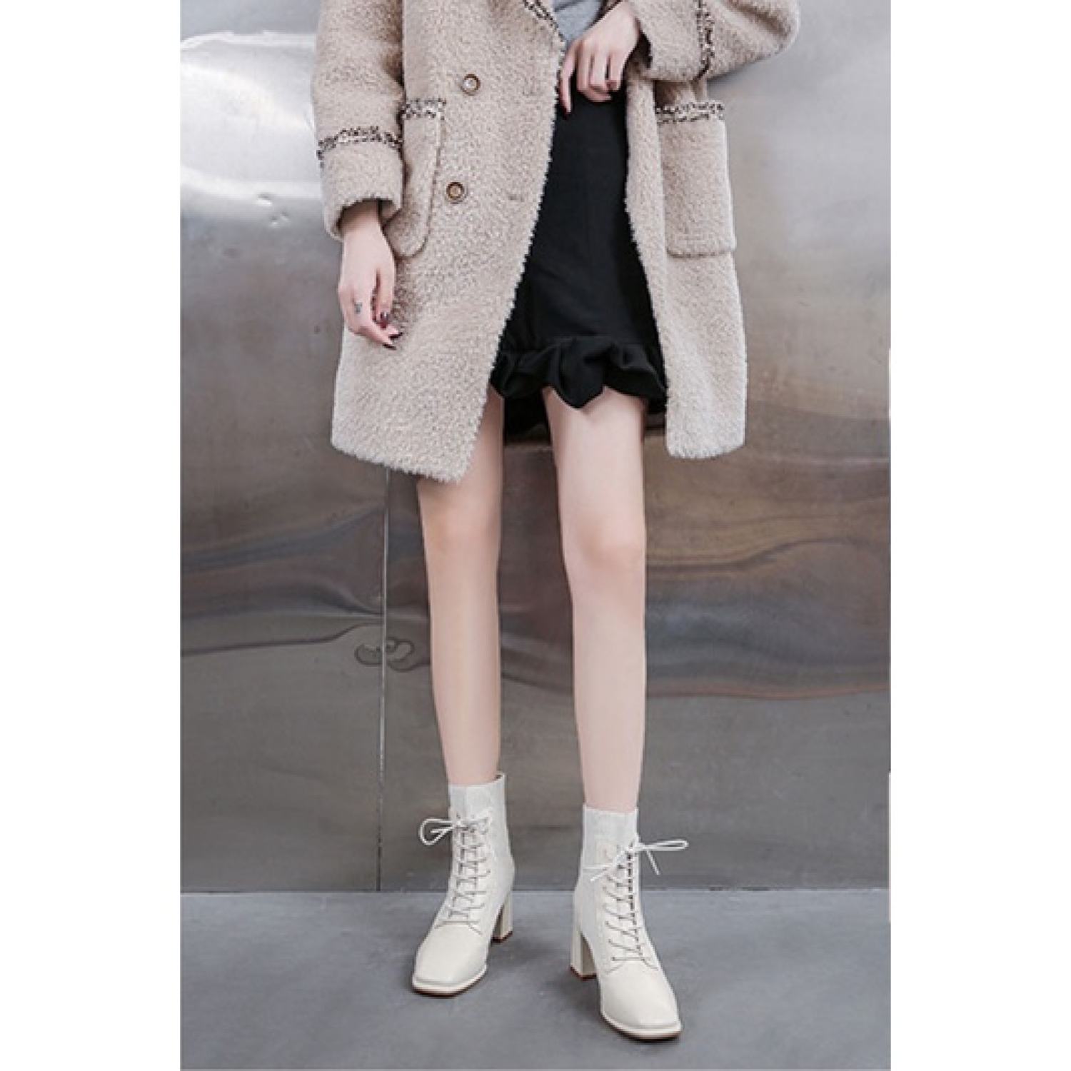 Bốt Nữ Boot Cổ Len Cổ Cao Cao Gót 7 Phân Đế Vuông