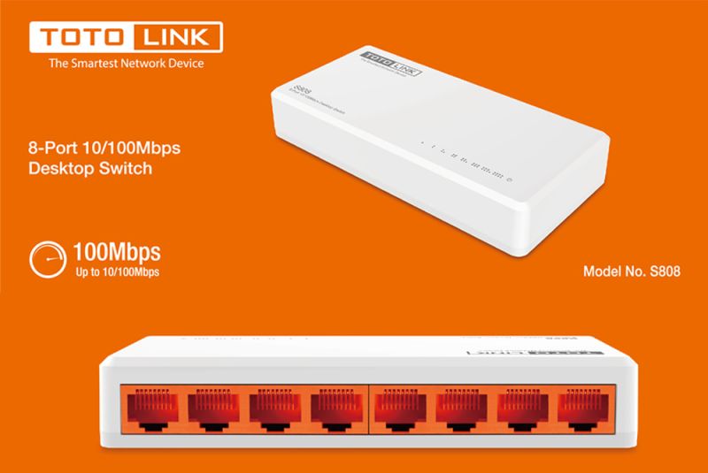 Switch 8 cổng 10/100Mbps TOTOLINK S808, Hiệu năng cao, Tiết kiệm năng lượng - Hãng phân phối chính thức