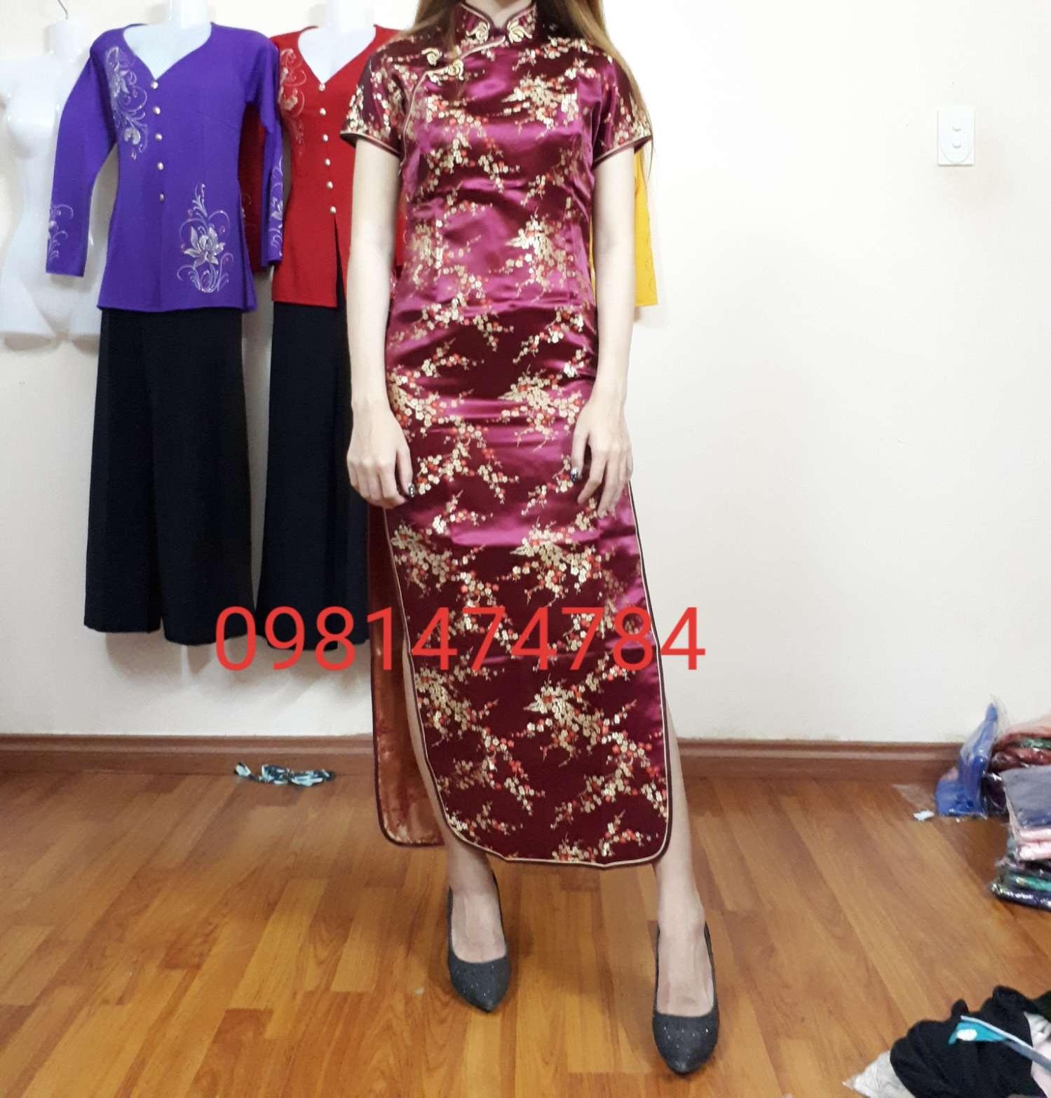 Sườn xám Dài Gấm ĐỎ Đô có hình thật