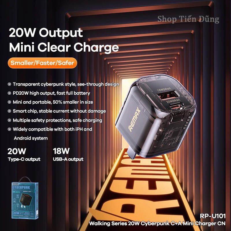 Cốc sạc nhanh chính hãng, củ sạc nhanh 20w remax rp u101 có 2 cổng usb + type-c kiểu dáng trong chân dẹp