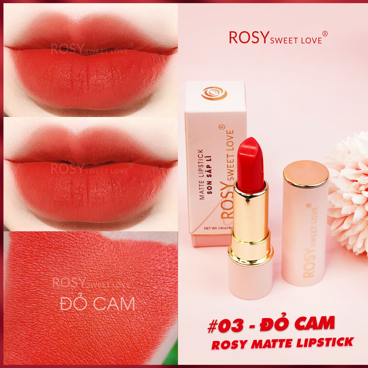 Son thỏi lì mịn môi ROSY SWEET LOVE 3.5g [Màu Cam Đào]