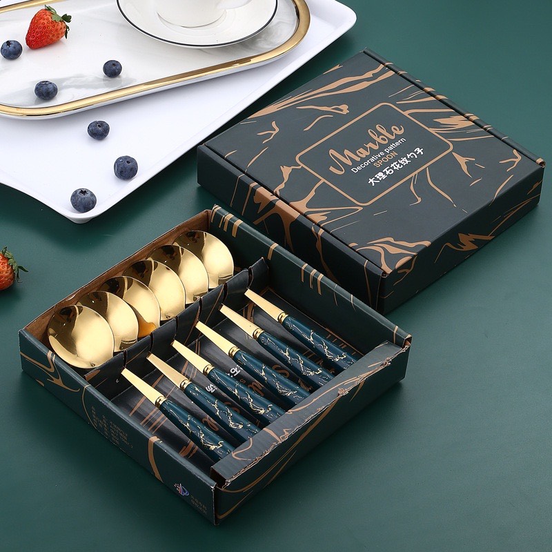thìa cán sứ mạ vàng set 6 chiếc cao cấp V167
