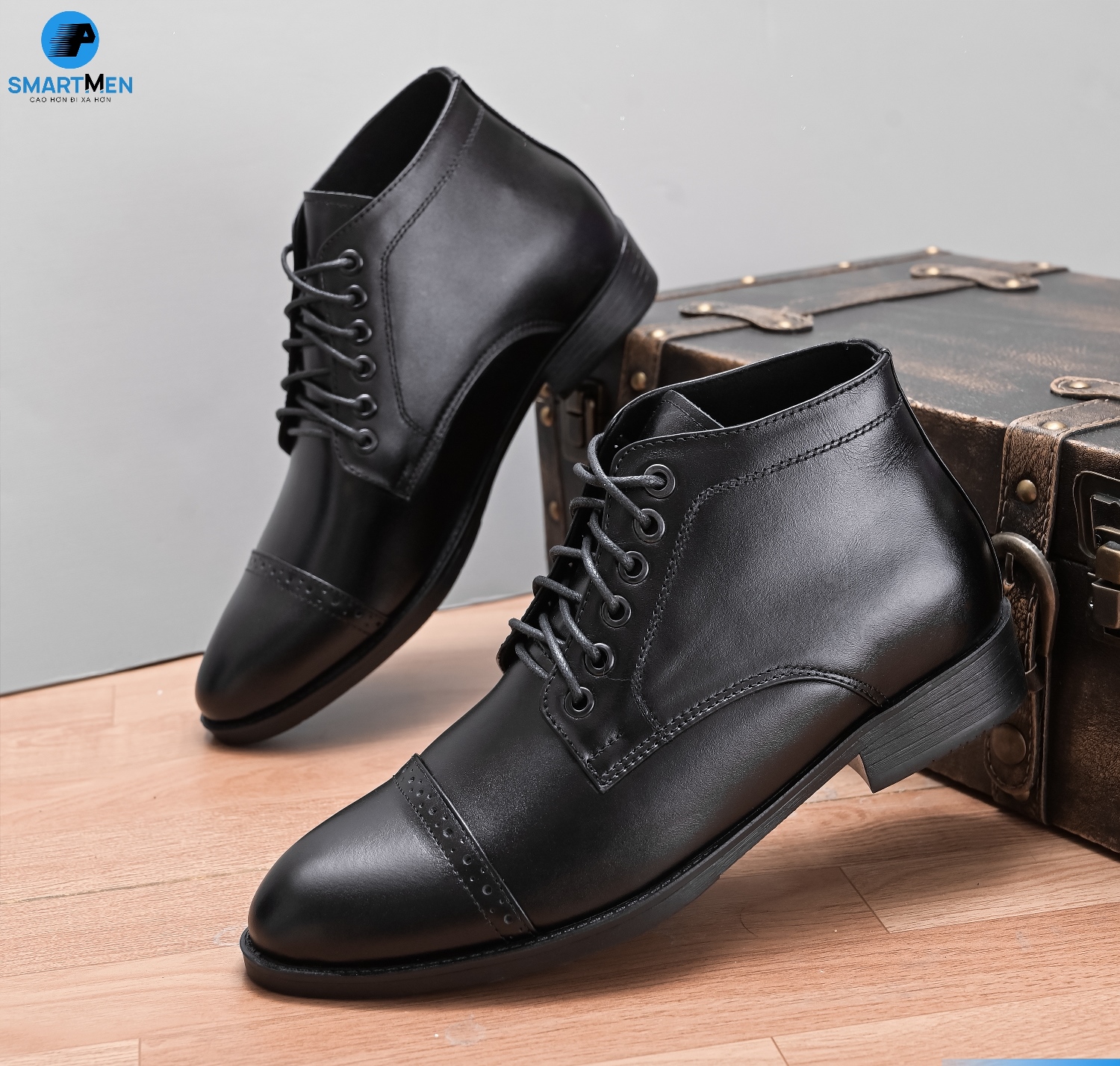 Giày Boot lửng cổ Tăng chiều cao Da bò SMARTMEN GD555 Đen
