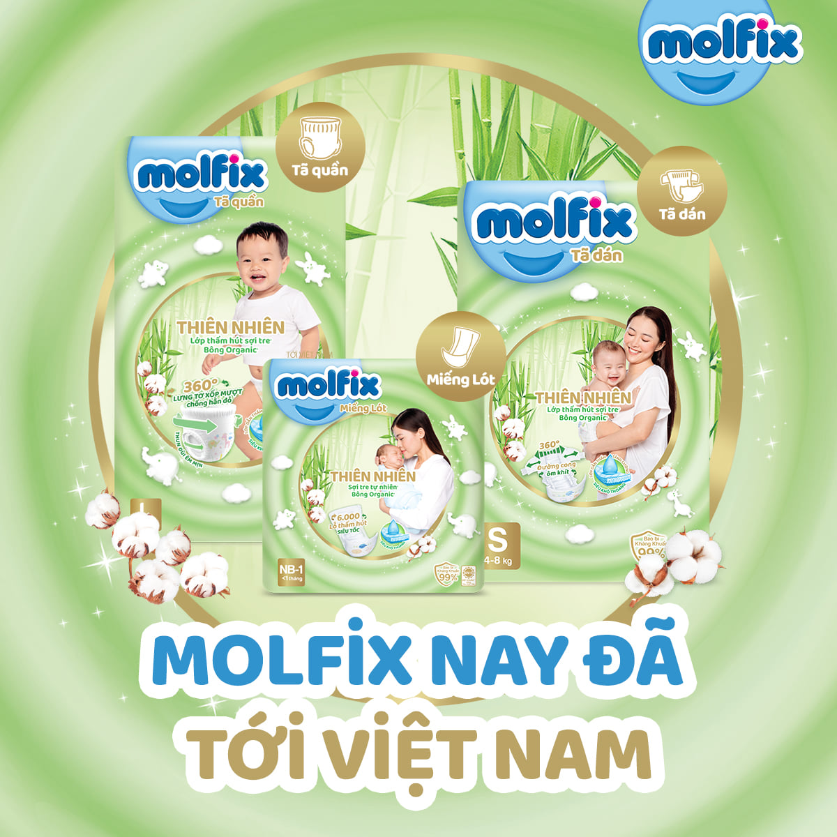 Miếng lót Molfix Thiên Nhiên (NB2 60+6 > 1 tháng, tổng 66 miếng)