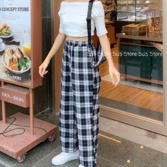 QUẦN CULLOTES CARO ĐEN DÁNG BAGGY CẠP CHUN UNISEX