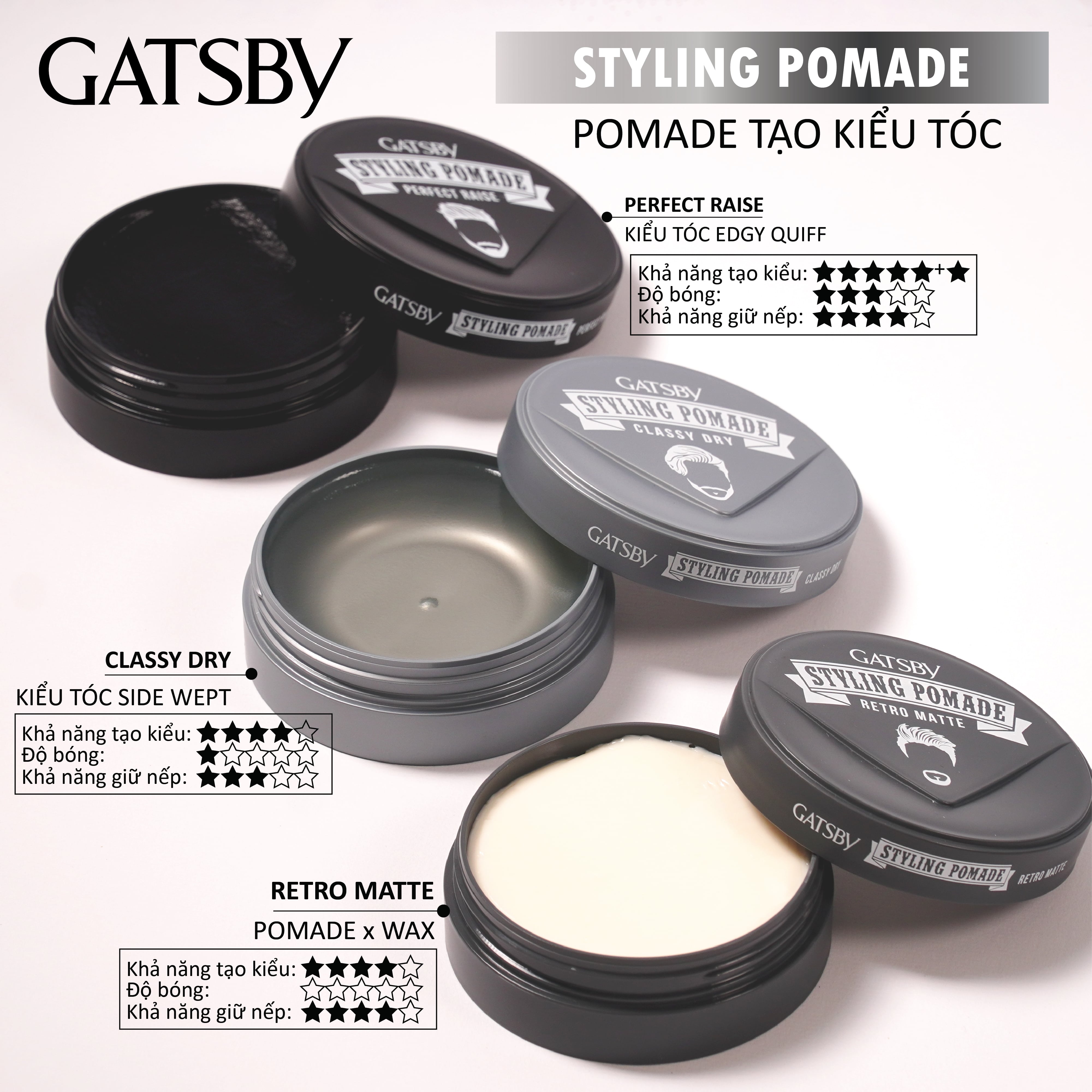 Sáp vuốt tóc GATSBY Styling Pomade Classy Dry, Pomade tạo kiểu Side Wept giữ nếp tóc vững chắc & tự nhiên 75g