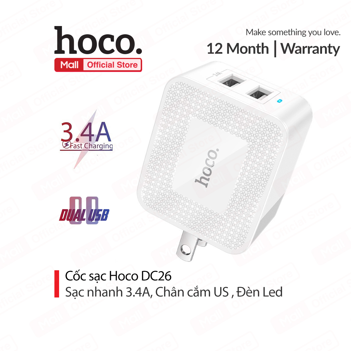 Củ sạc nhanh 3.4a hoco dc26 chân cắm gập us đèn led 2 cổng usb chống cháy cao cấp