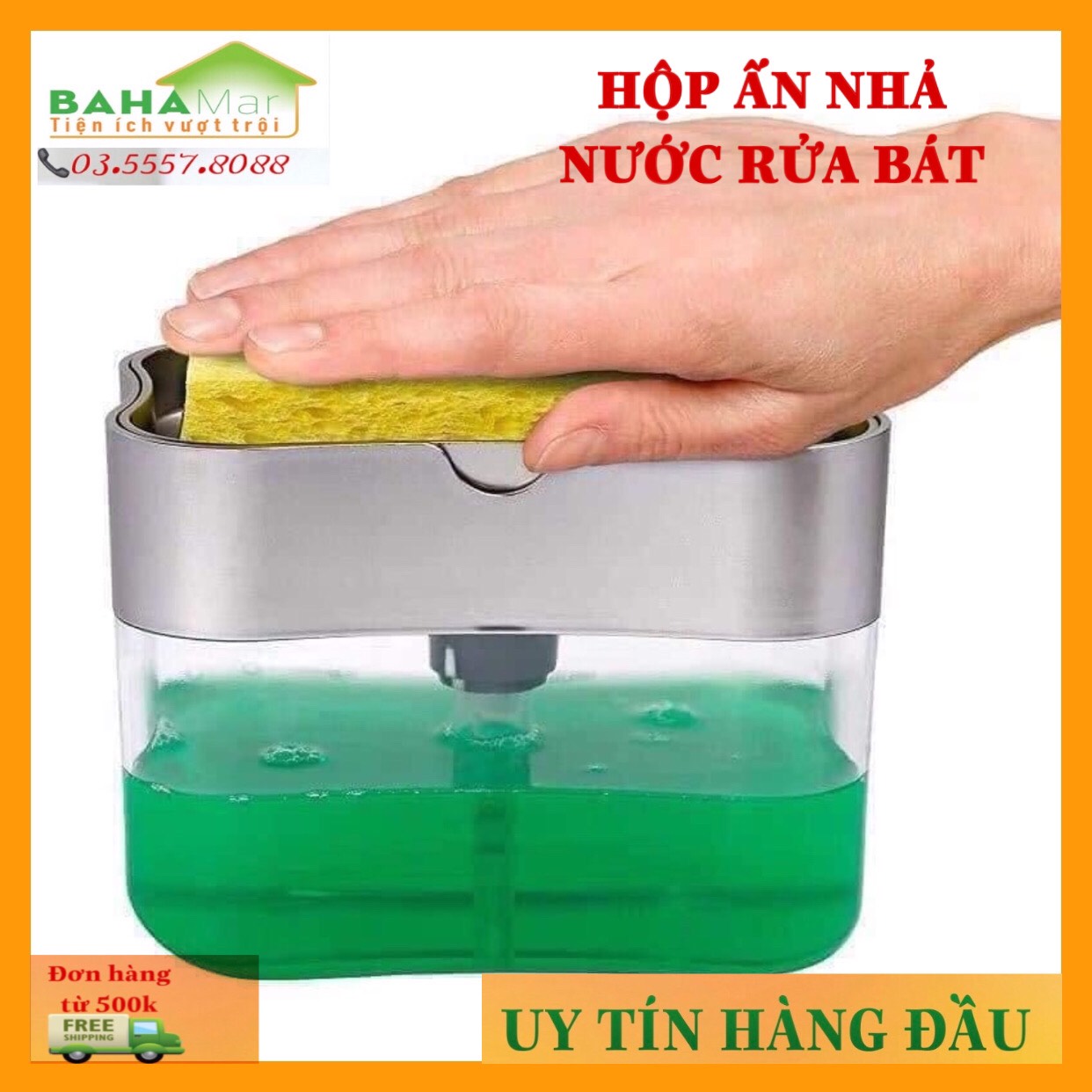 HỘP ĐỰNG NƯỚC RỬA BÁT CÓ VÒI BƠM VÀ KHAY ĐỰNG MIẾNG RỬA BÁT 2 IN 1 "BAHAMAR"  có tặng kèm miếng rửa chén bát, thuận tiện sạch sẽ và tiết kiệm khi dùng nước rửa chén bát