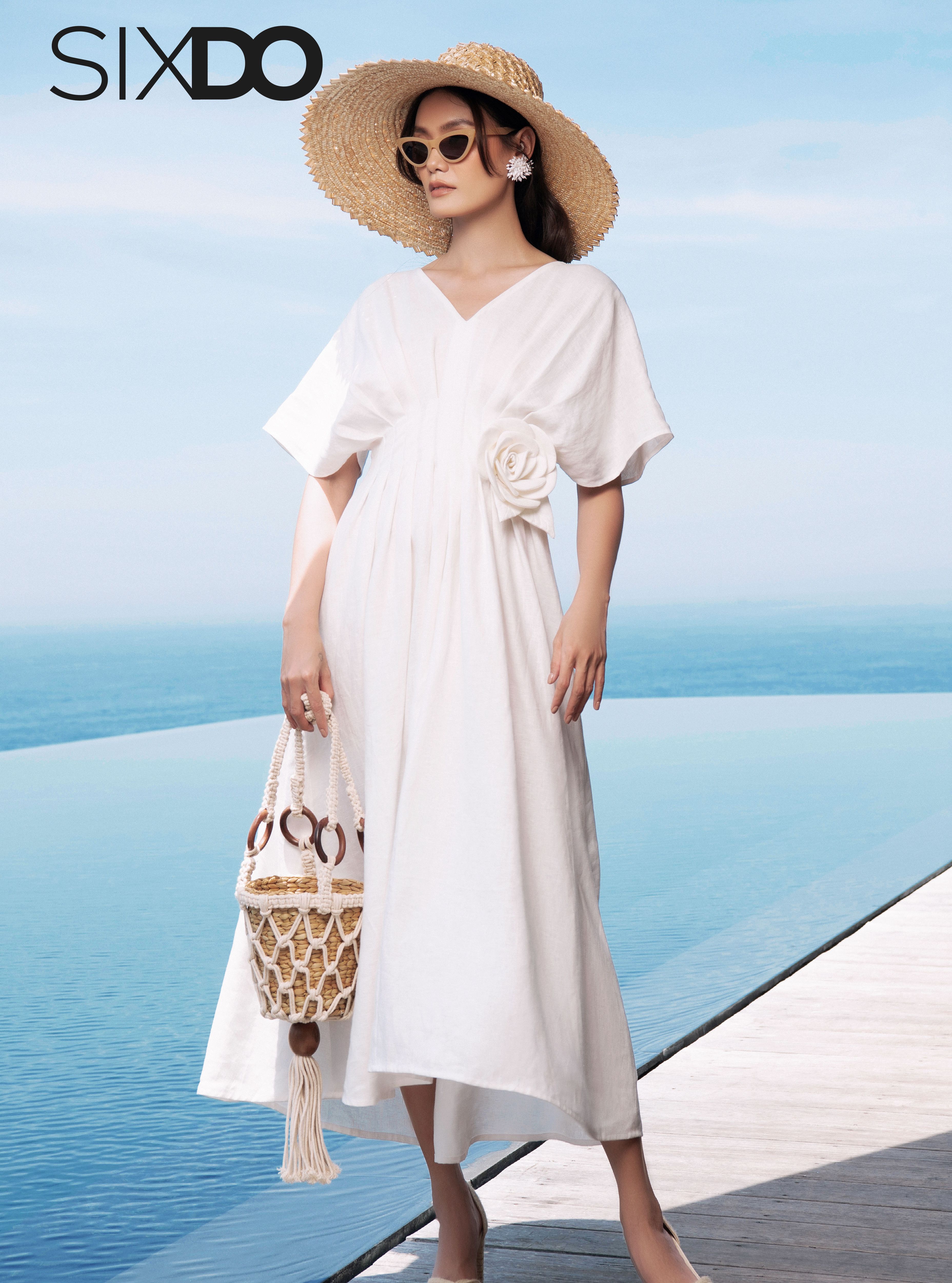 Đầm linen ôm eo cổ V SIXDO (V-neck Midi Linen Dress)