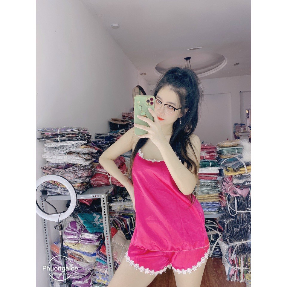 Bộ đồ ngủ Sexy 2 dây phi lụa phối bèo dễ thương Freesize dưới 57kg