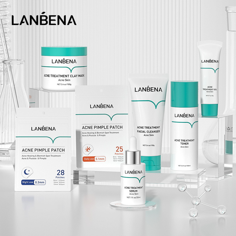 Set 5 sản phẩm trị mụn LANBENA gồm sữa rửa mặt + nước hoa hồng + gel + serum + mặt nạ đất sét chăm sóc da