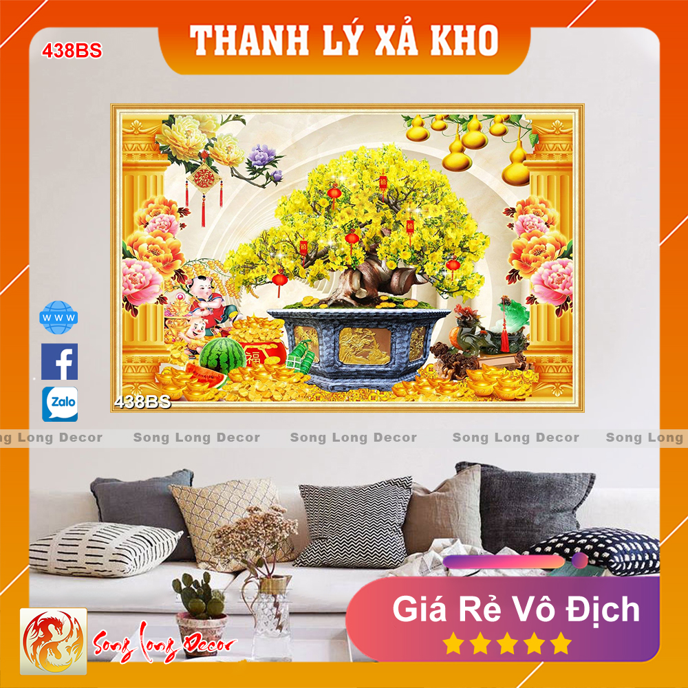 Tranh dán tường 3d Bon Sai Hoa Mai - Tranh 3D Phong Thủy Ngày Tết - Giấy dán tường 3d - Song Long Decor - 438BS